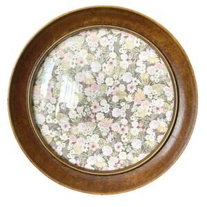 Vintage round burlwood convex bubble glass picture frame 7” MCM midcentury